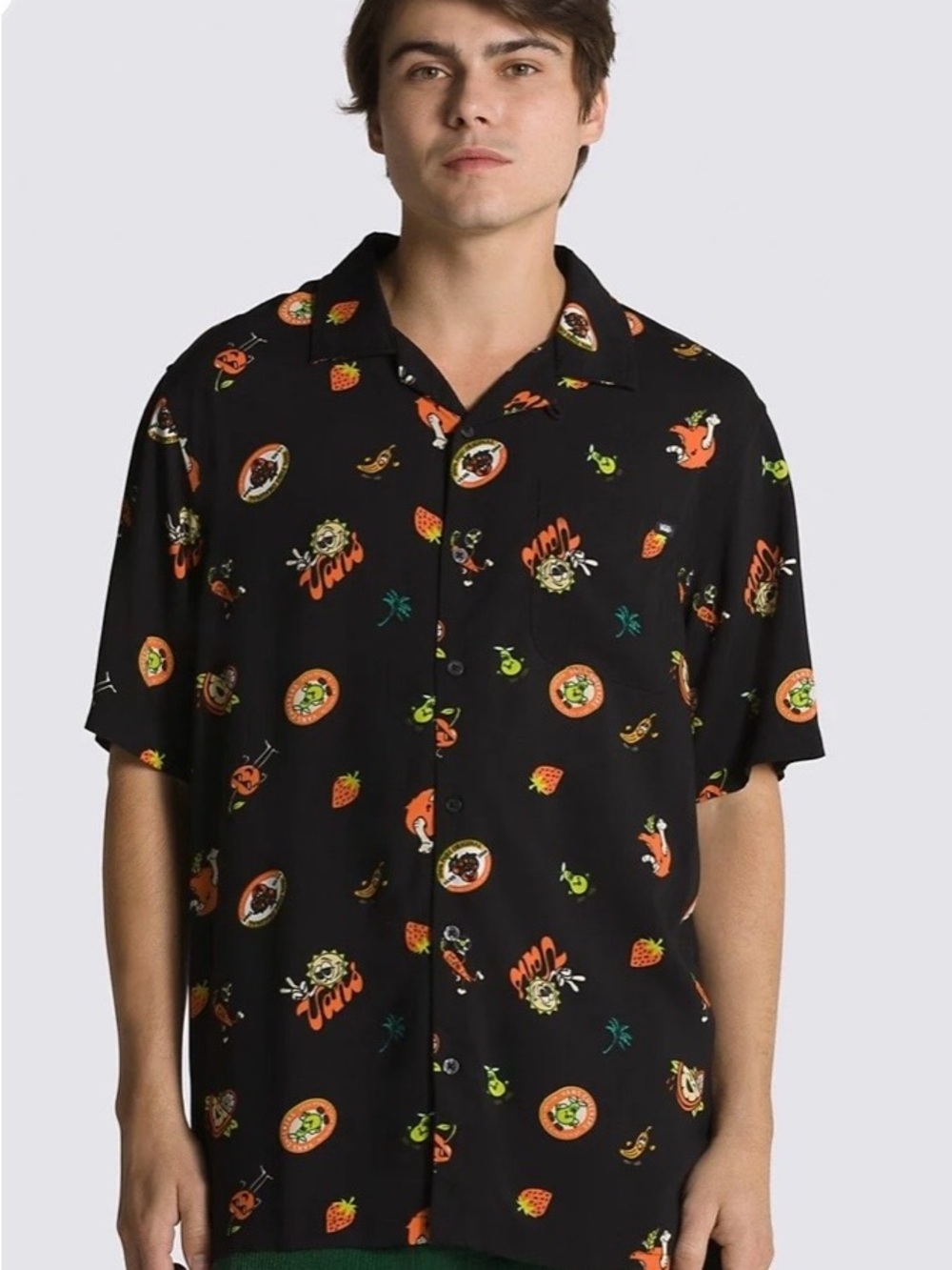 Vans Skater Graphic Stickers Button Up Shirt Halloween Casual Logo Blk SZ S